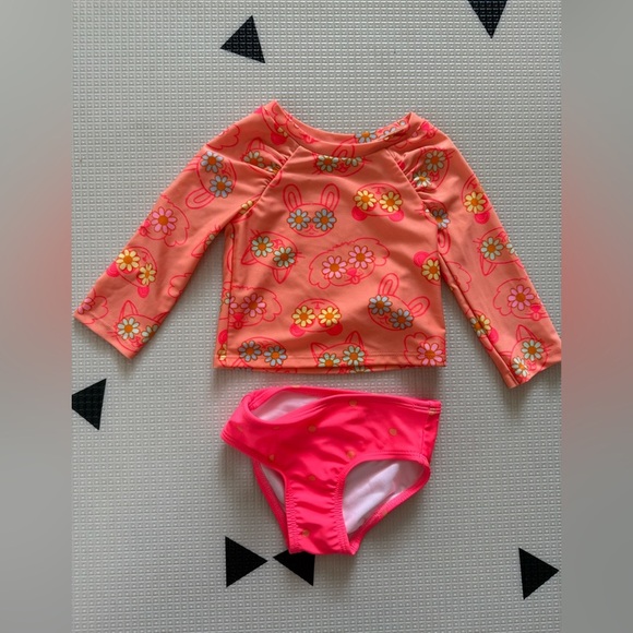 Cat & Jack|Baby girl Neon Pink Boho Floral Kids Swim Set bikini•••long sleeve - Picture 3 of 6